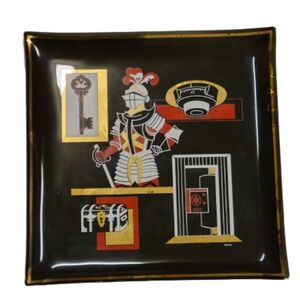 Mid Century Modern Vtg black gold arias  Knight armour glass Appetizer Tray dish